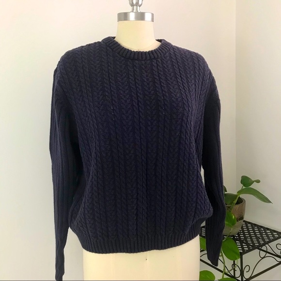 Sustainable Ramie & Cotton Vintage Cable Knit Jumper Sweater Navy Blue - Picture 2 of 7